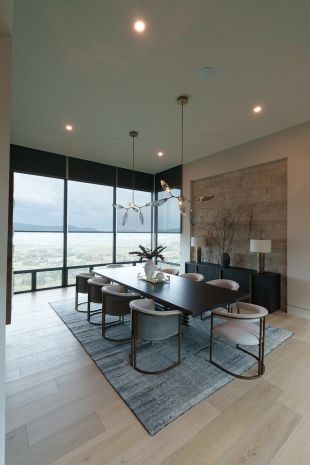 Dining Room with Lutron sheer Shades halfway open and Lutron Blackout Shades halfway open