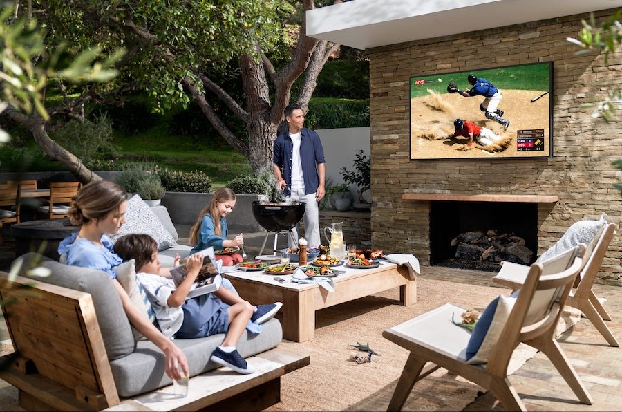 Samsung The Terrace on a patio in an outdoor entertainment system.