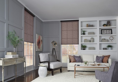 Two living room windows featuring Lutron motorized shades. 