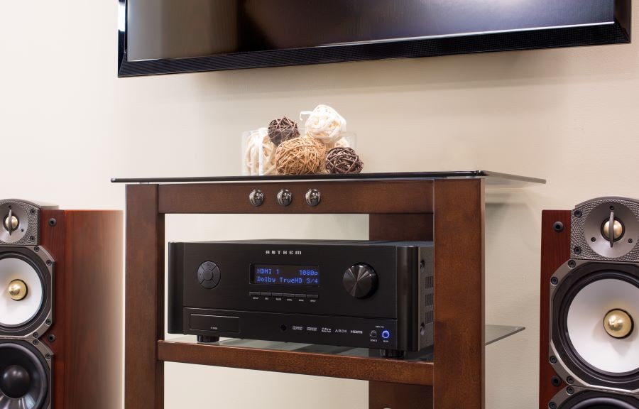 An Anthem MRX-710 AV Receiver on a stand under a TV next to high-fidelity loudspeakers.
