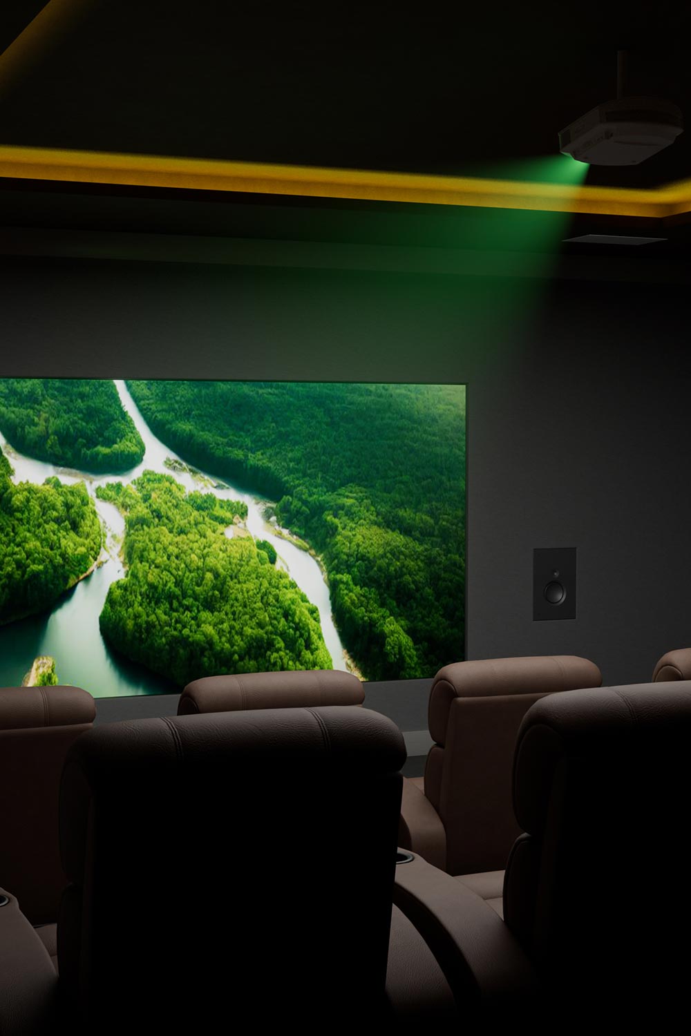Home theater with green projector beam and river landscape on screen