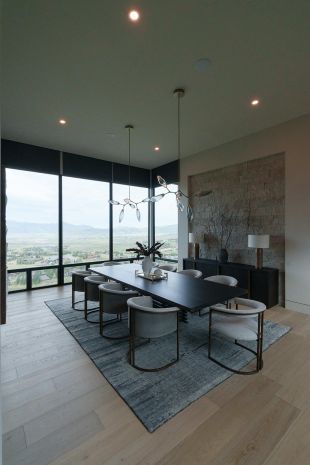 Dining Room with Lutron sheer Shades completely open and Lutron Blackout Shades halfway open