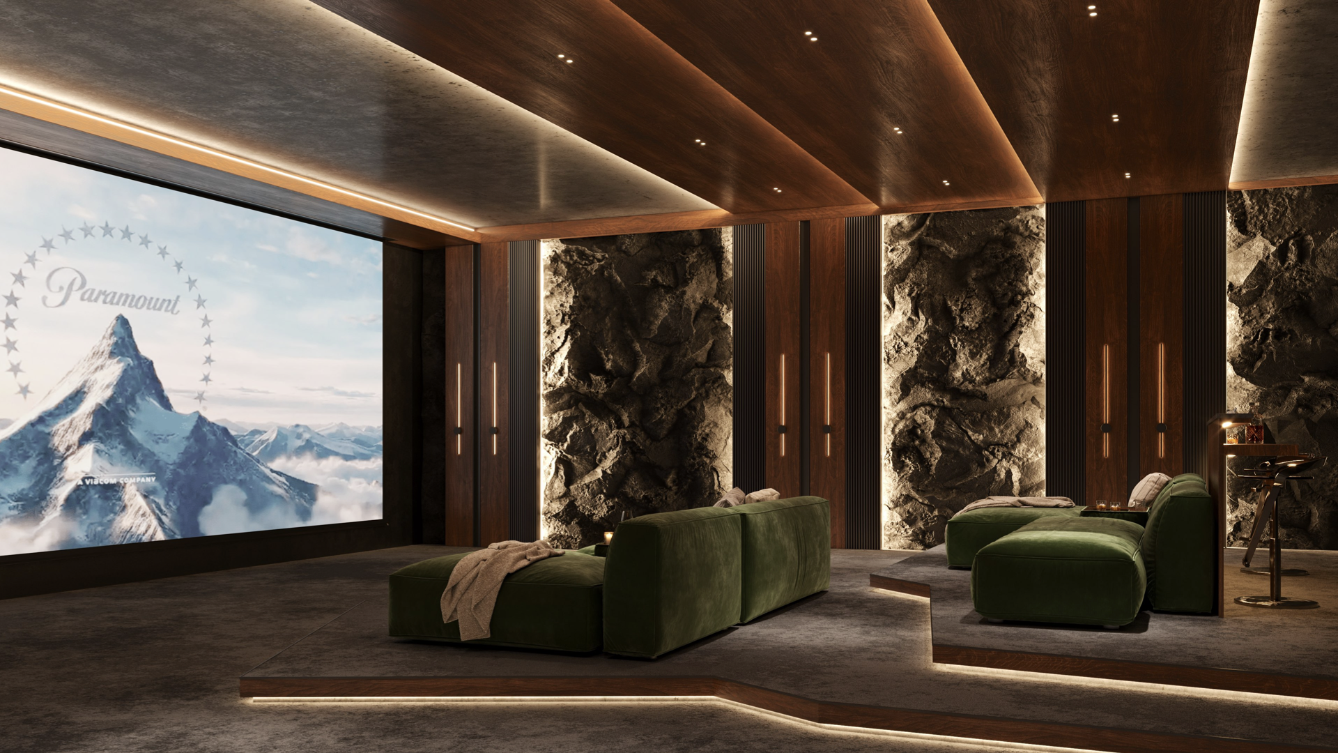 Luxury home theater with green sofas, dramatic lighting, and a large projection screen.