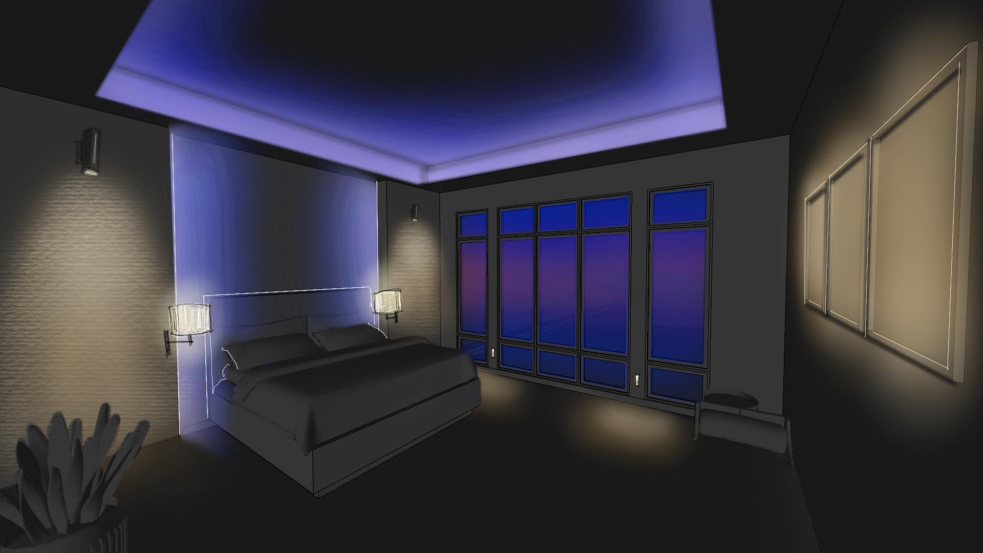 Minimalist bedroom with accent lighting above the bed.