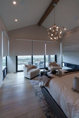 Lutron Blackout Shades halfway open in a modern bedroom