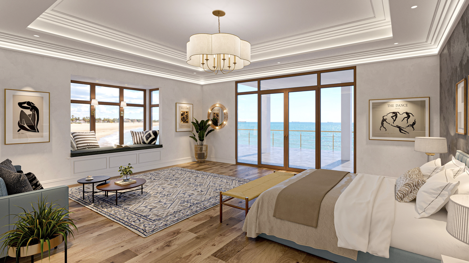 A serene bedroom with natural tones, large windows, and minimalist furnishings.