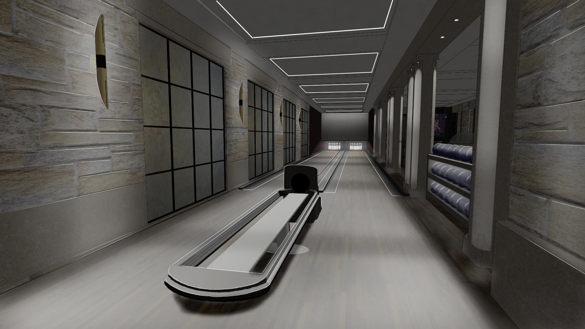 Luxurious bowling alley with LED lighting.