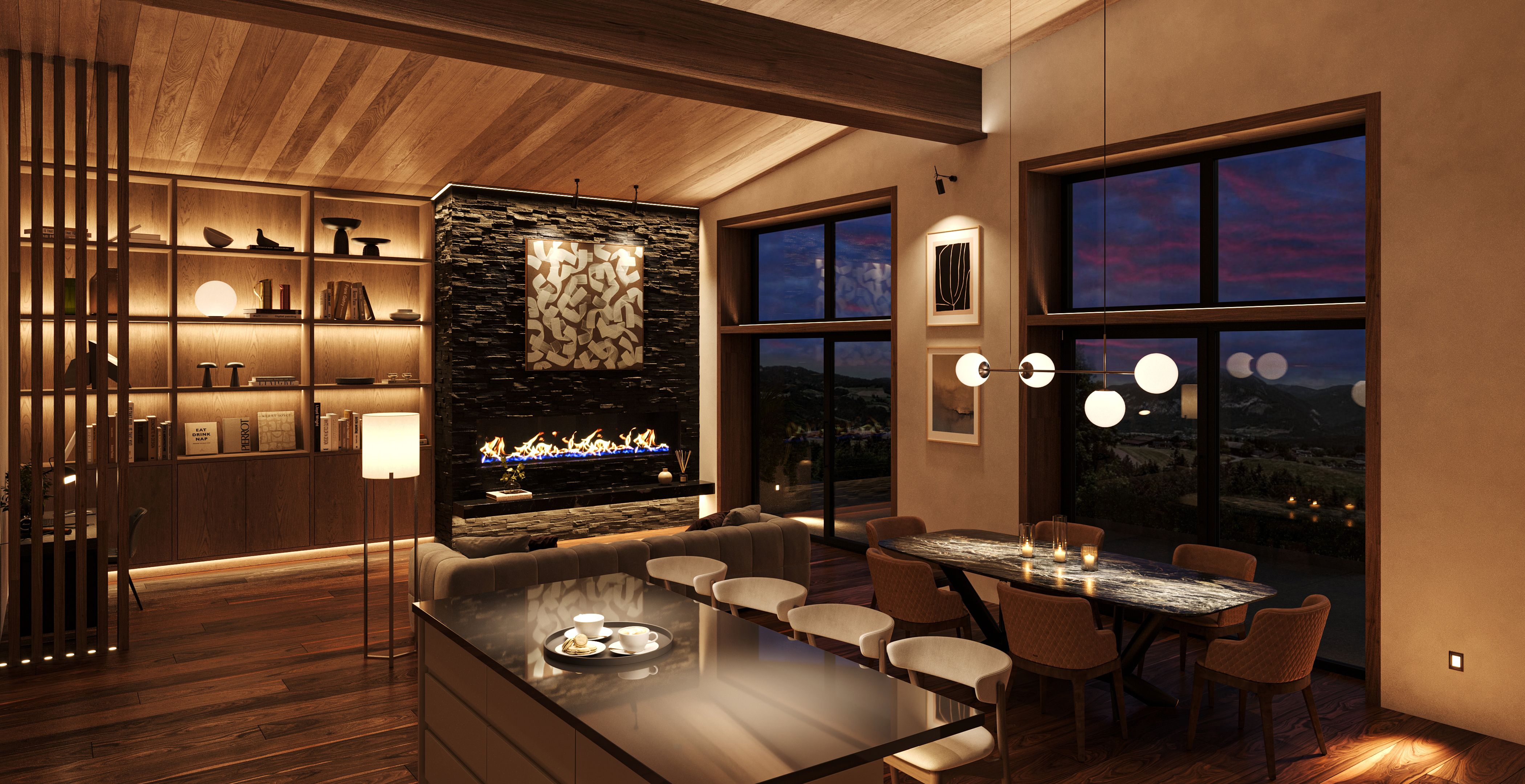 Elegant open living and dining area with wooden ceiling, stone fireplace, and floor-to-ceiling windows.