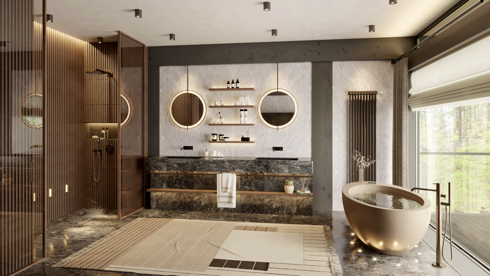 Daylight view of a sleek modern bathroom with a freestanding tub and textured wall design.