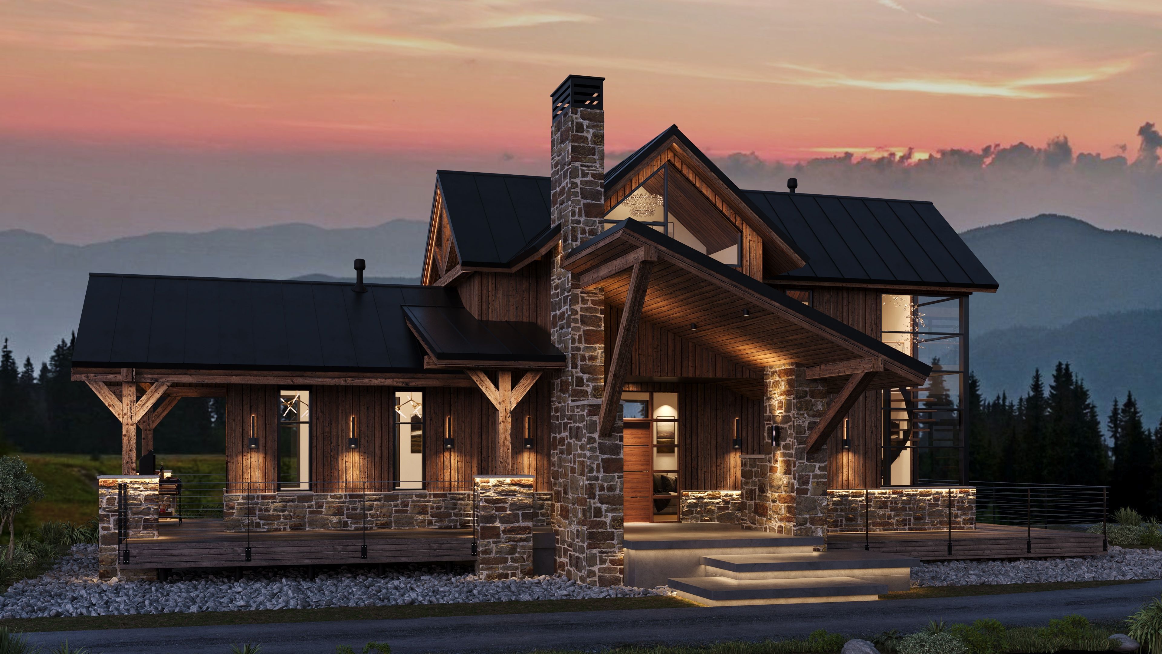 Exterior view of a rustic modern home at sunset with a stone chimney and wood-paneled siding.