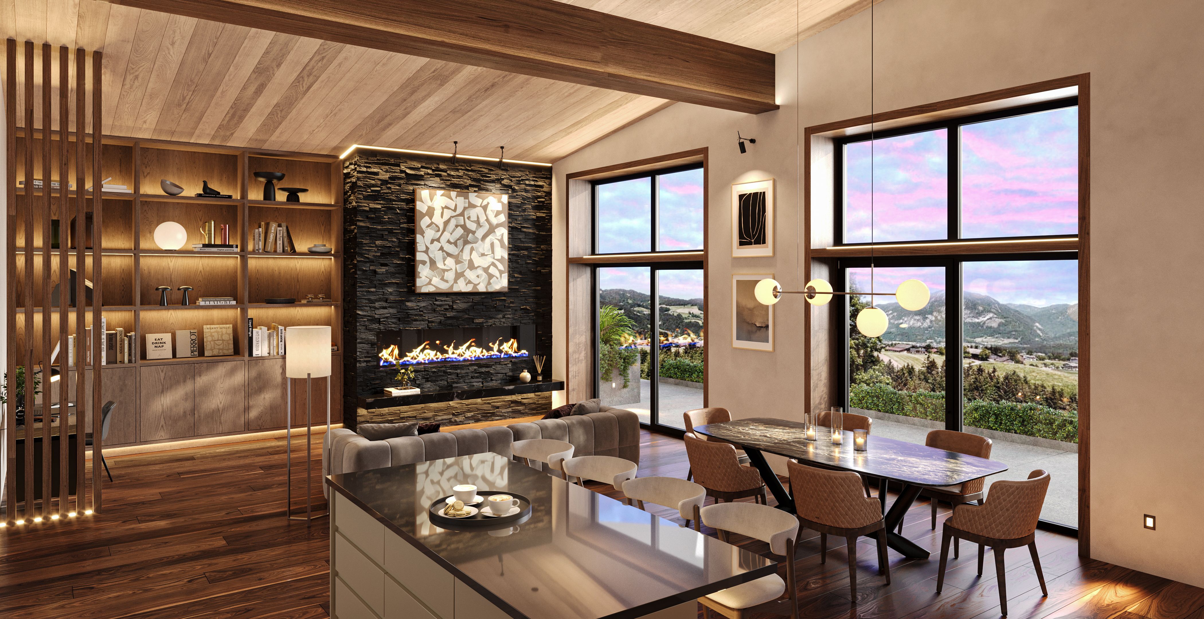 Bright open-plan living space with scenic views, featuring a stone fireplace and modern decor.