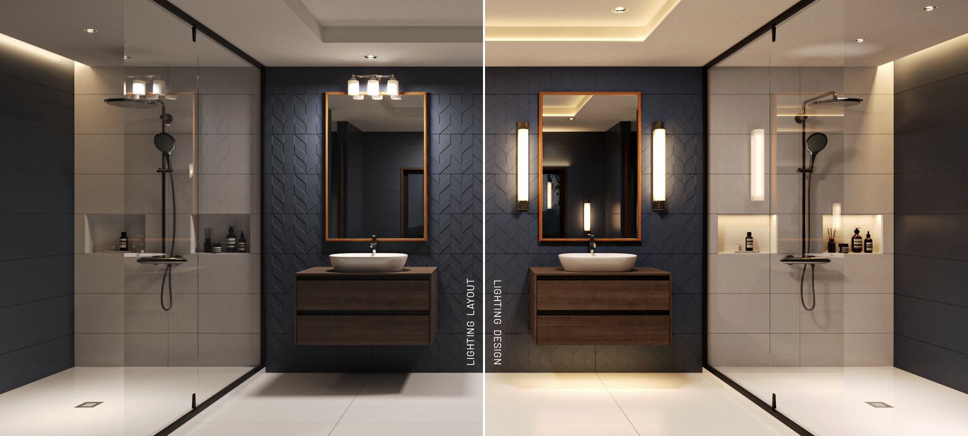 A modern bathroom with dual vanities, wall-mounted mirrors, and sleek lighting design.