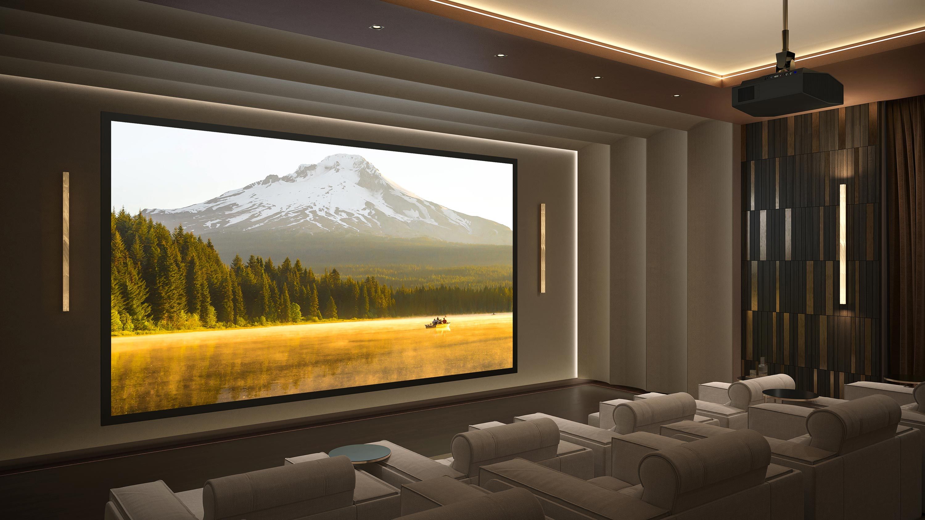 A private home theater with comfortable seating, a large projection screen, and modern decor.