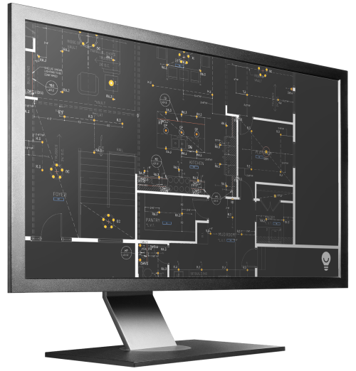 A computer monitor displaying a detailed architectural lighting plan.