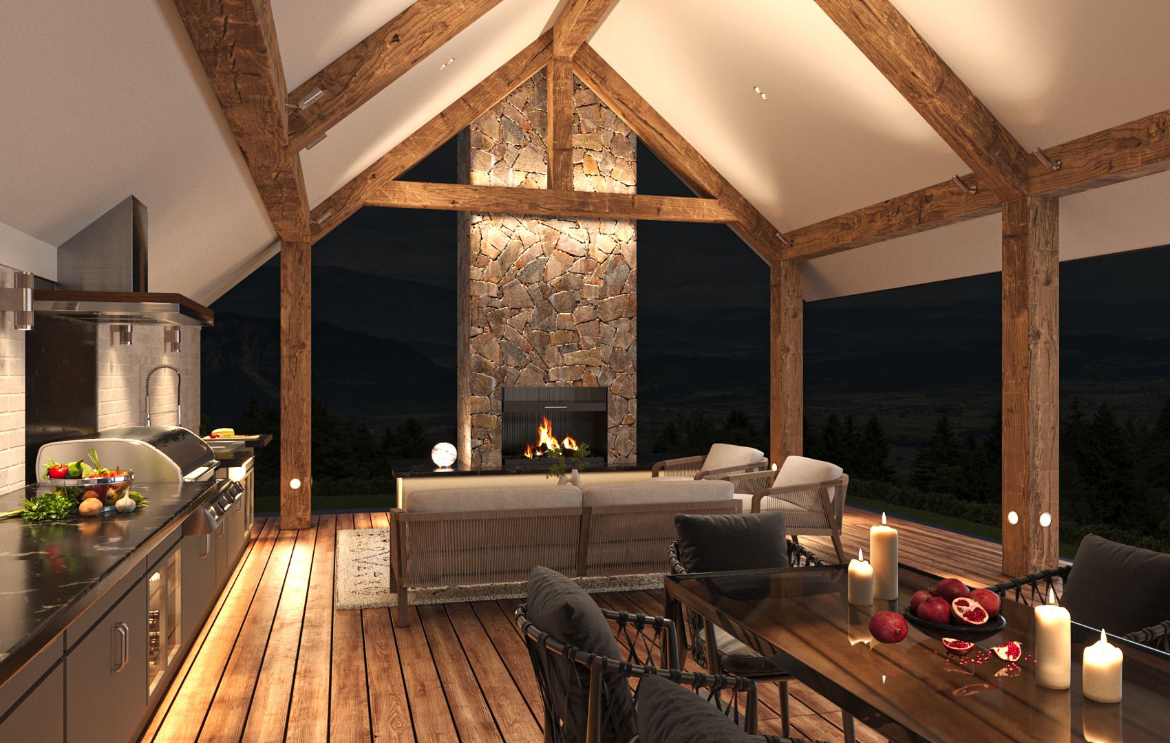 Outdoor living space with a stone fireplace, wooden beams, and a dining area under warm lighting.