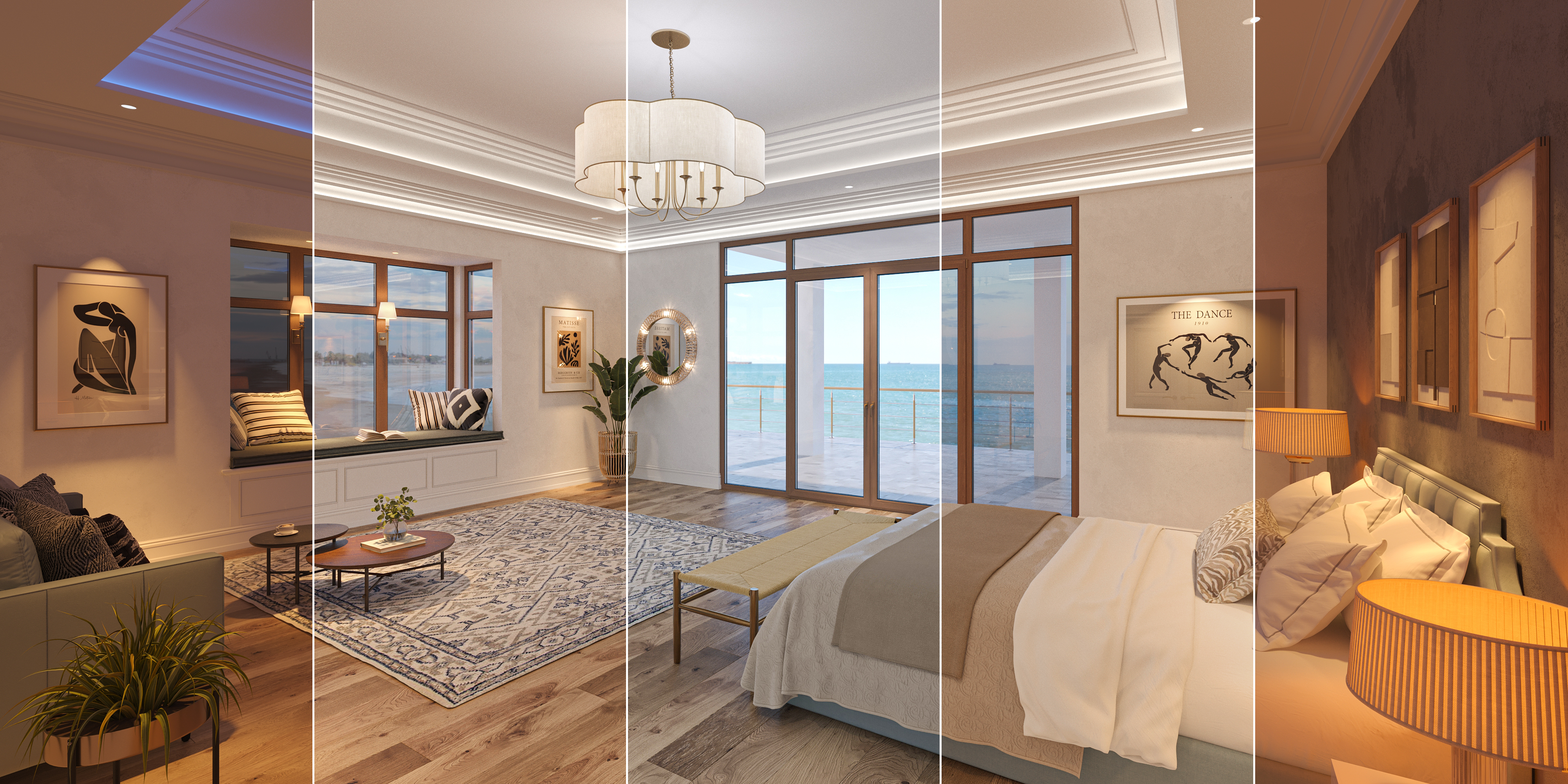 Brightly lit bedroom with coastal views, elegant decor, and modern lighting effects.