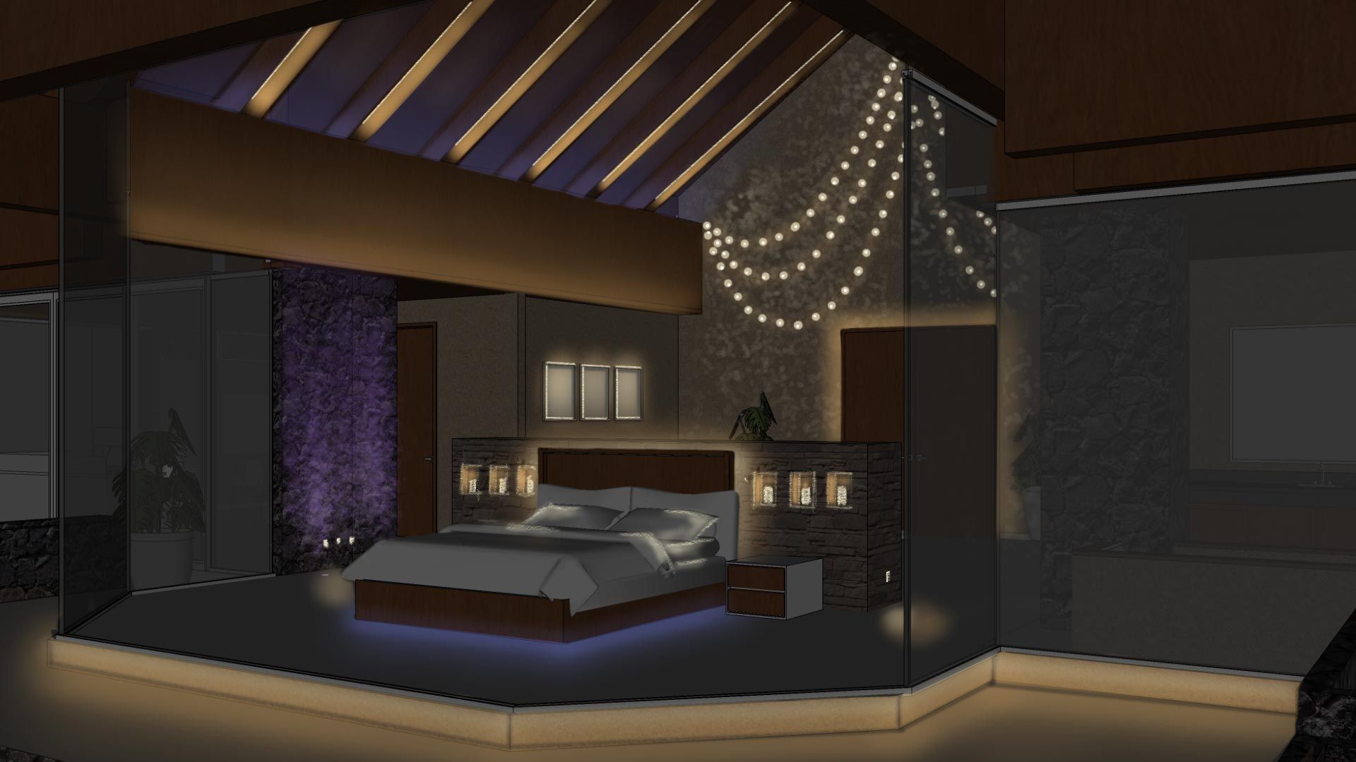 Bedroom with glowing step lights at night.