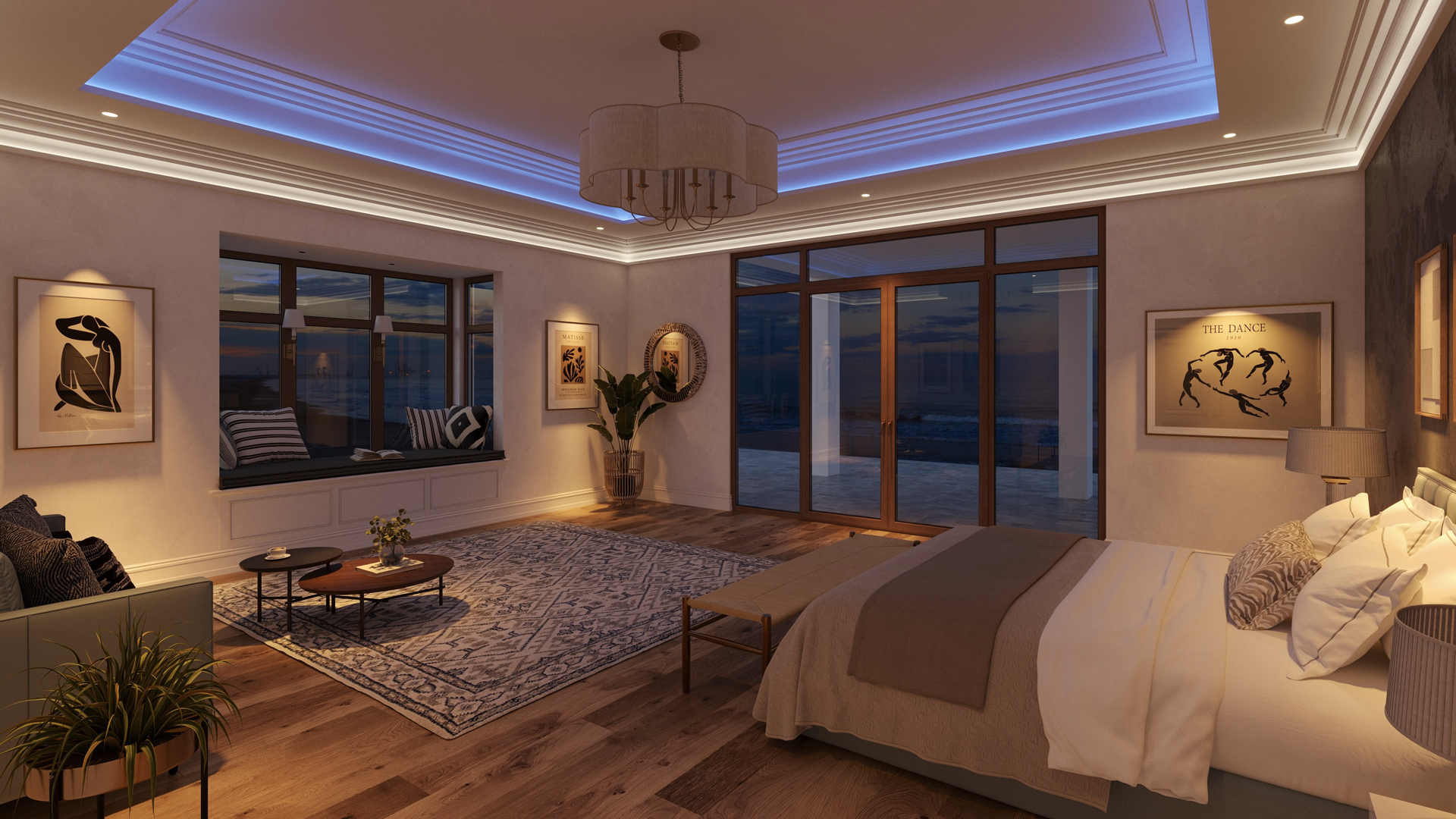 Spacious bedroom with a glowing ceiling, coastal views, and sophisticated decor.