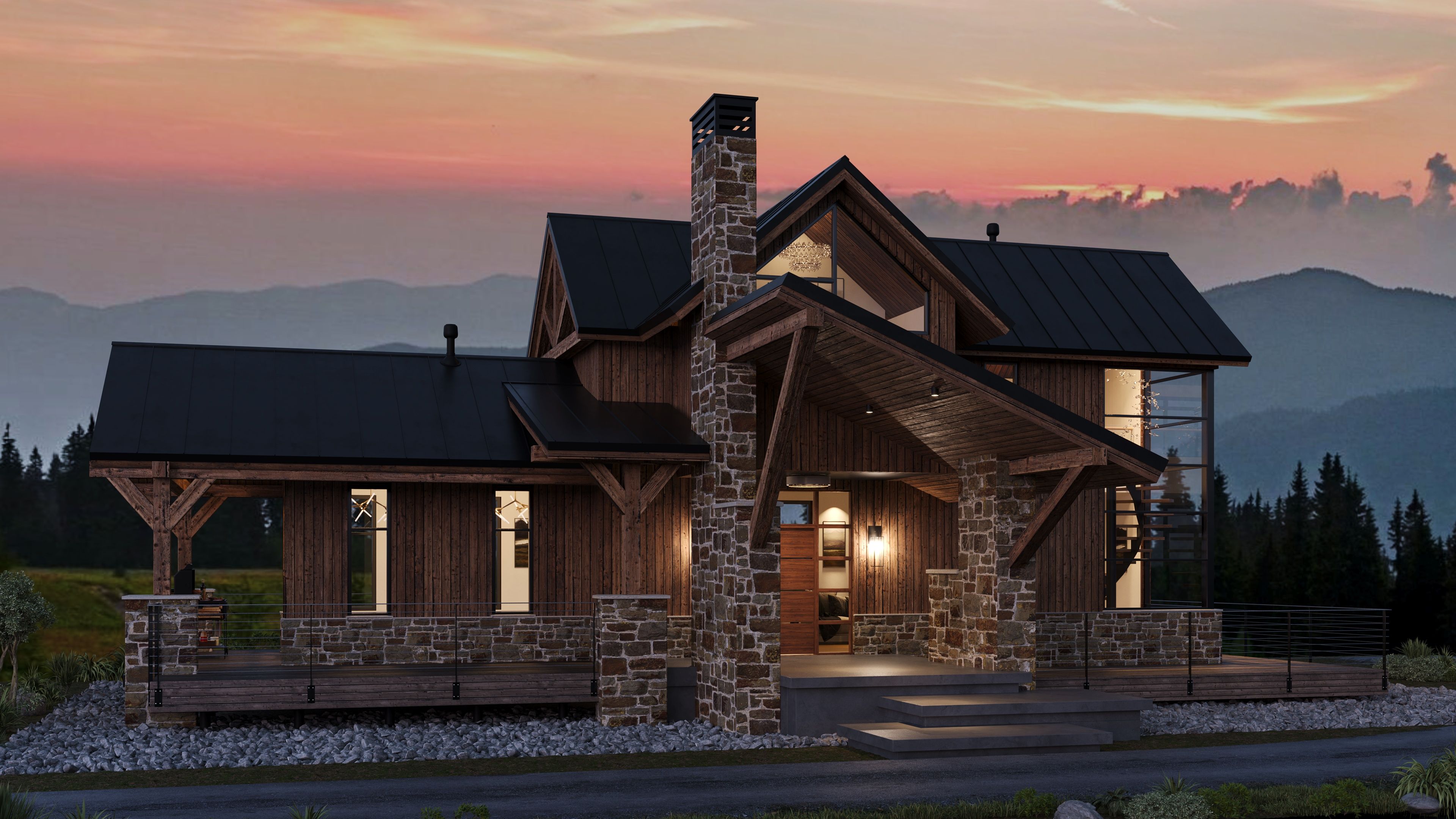 Slightly different angle of a rustic modern home at sunset, featuring a stone foundation and porch.