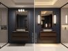 A modern bathroom with dual vanities, wall-mounted mirrors, and sleek lighting design.