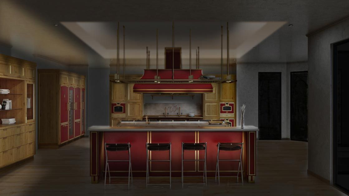 Bright kitchen with pendant lights over the island.