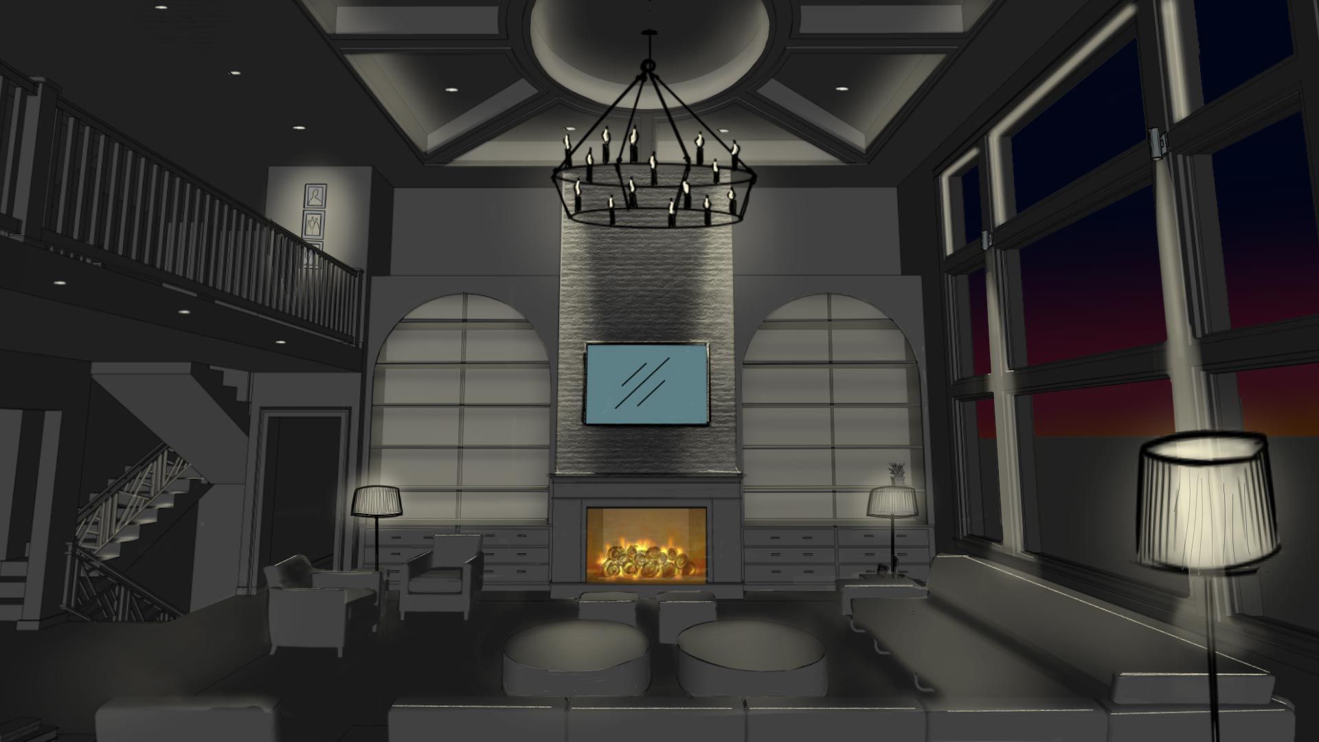 Detailed sketch showing lighting concepts for a room.