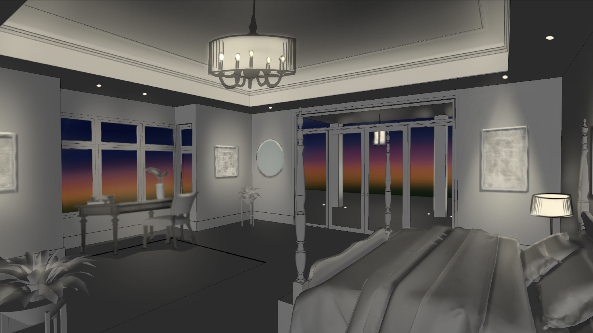 Interior rendering of a spacious bedroom with large windows overlooking a sunset and a desk area.